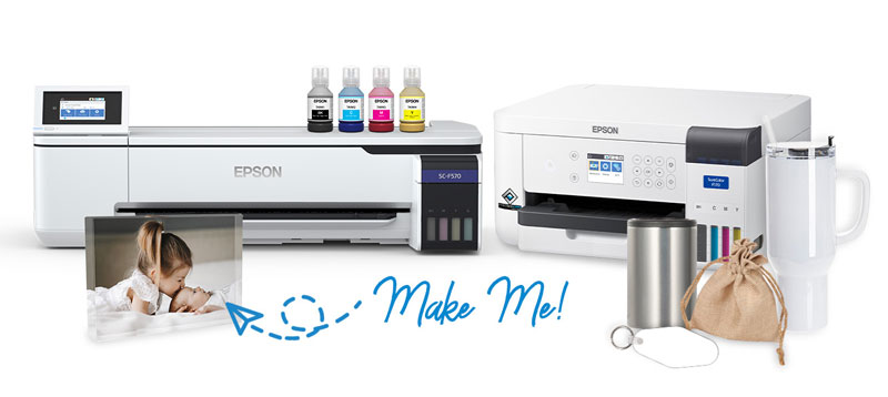items for sublimation in front of two printers with an assortment of inks