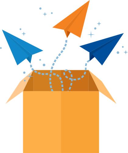 open shipping box with paper airplanes flying out of it